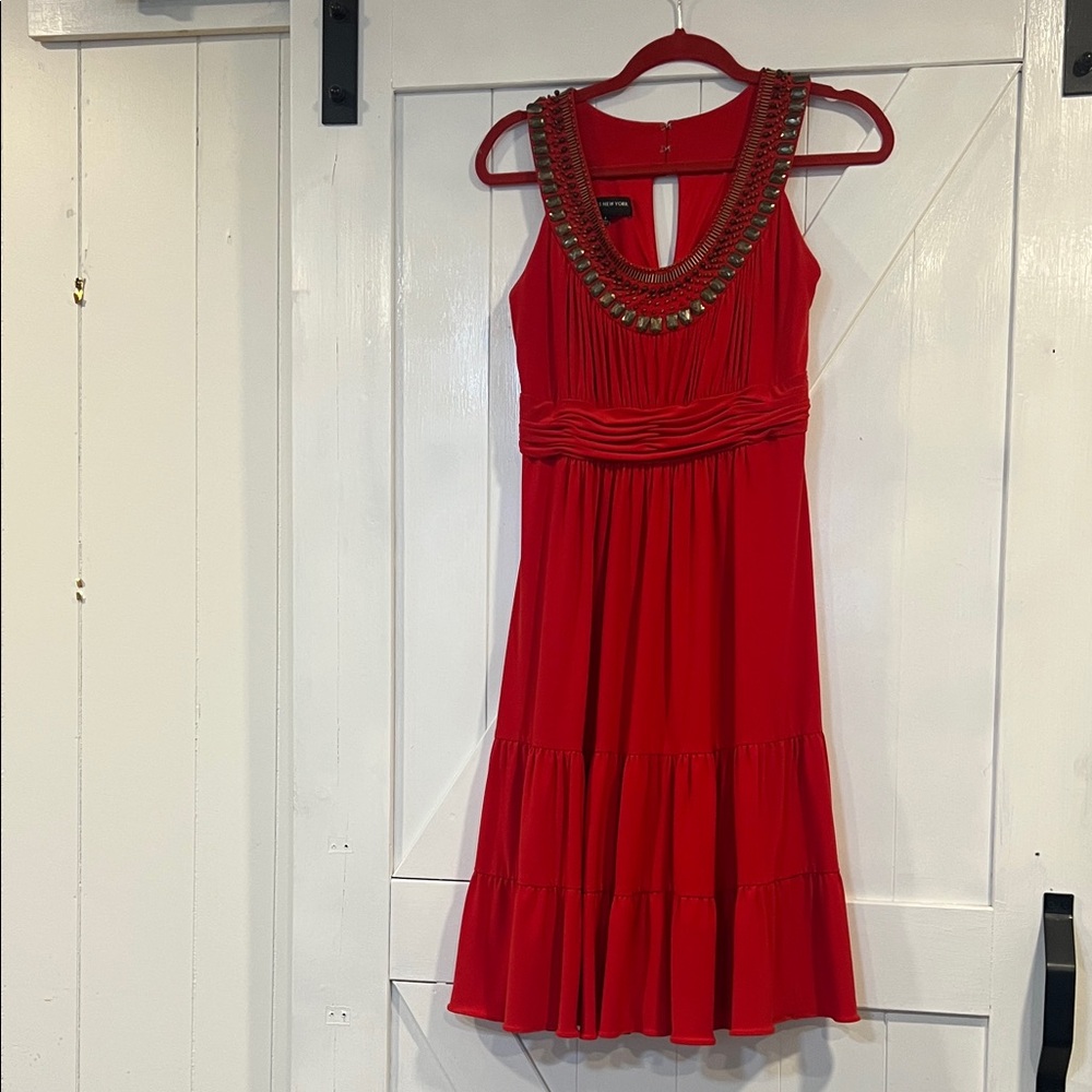 Jones New York Size 6 Flowy Y2K Sleeveless Beaded Tiered Midi Dress Bold Red